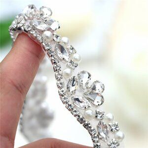 Silver Beaded Rhinestone Crystal Trim 1 Yard for Bridal Wedding Formal Dress